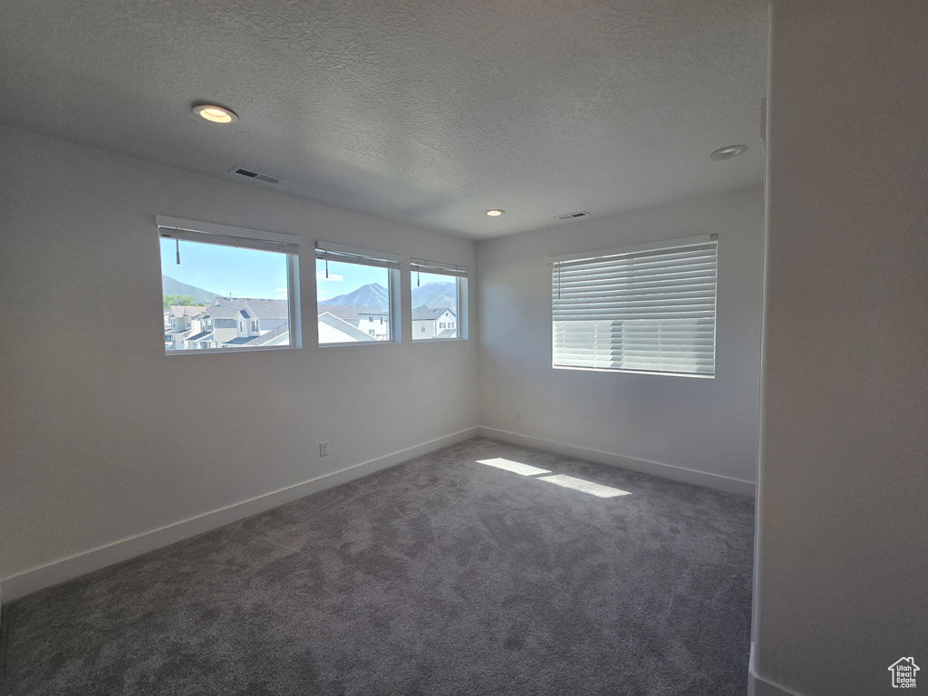 Carpeted spare room with a textured ceiling, baseboards, and recessed lighting