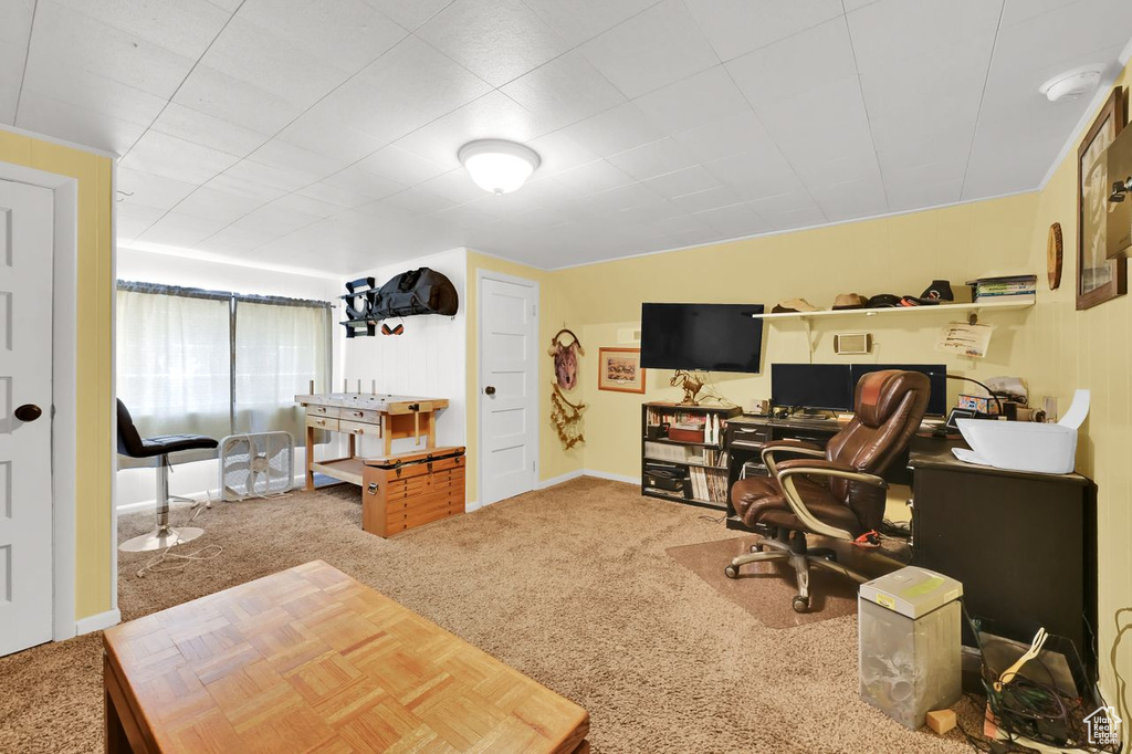 Home office featuring carpet flooring and baseboards