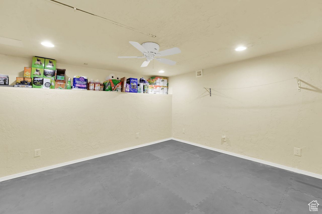 Empty room with recessed lighting, baseboards, and ceiling fan