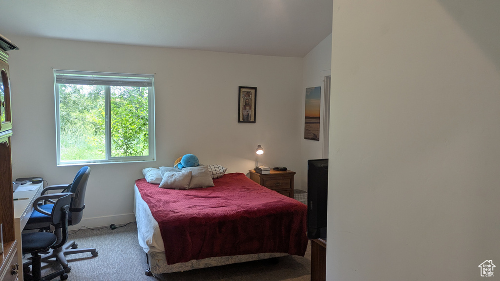 Carpeted bedroom featuring baseboards and vaulted ceiling