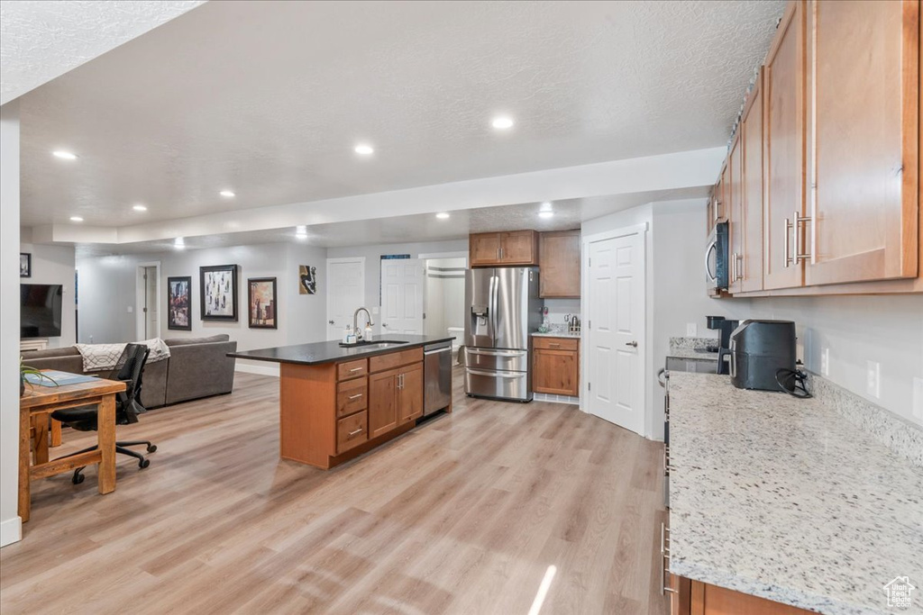 Kitchen with stainless steel appliances, a sink, open floor plan, light wood-style flooring, and recessed lighting