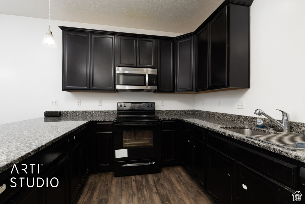 Kitchen featuring stainless steel microwave, black / electric stove, a sink, dark cabinetry, and dark wood-style flooring