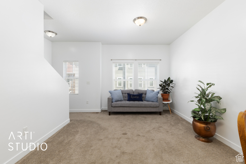 Living area featuring carpet floors and baseboards