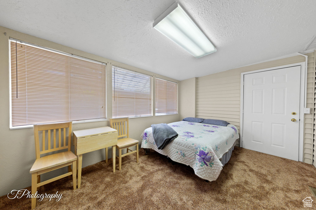 Bedroom with a textured ceiling and carpet