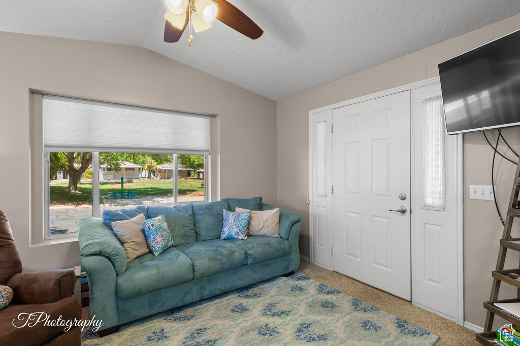 Living room featuring a ceiling fan, vaulted ceiling, and carpet flooring