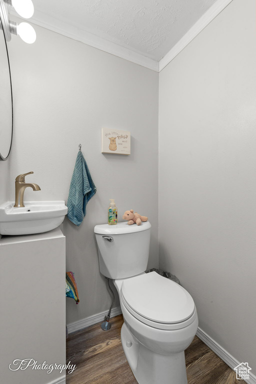 Bathroom featuring wood finished floors, toilet, baseboards, ornamental molding, and vanity