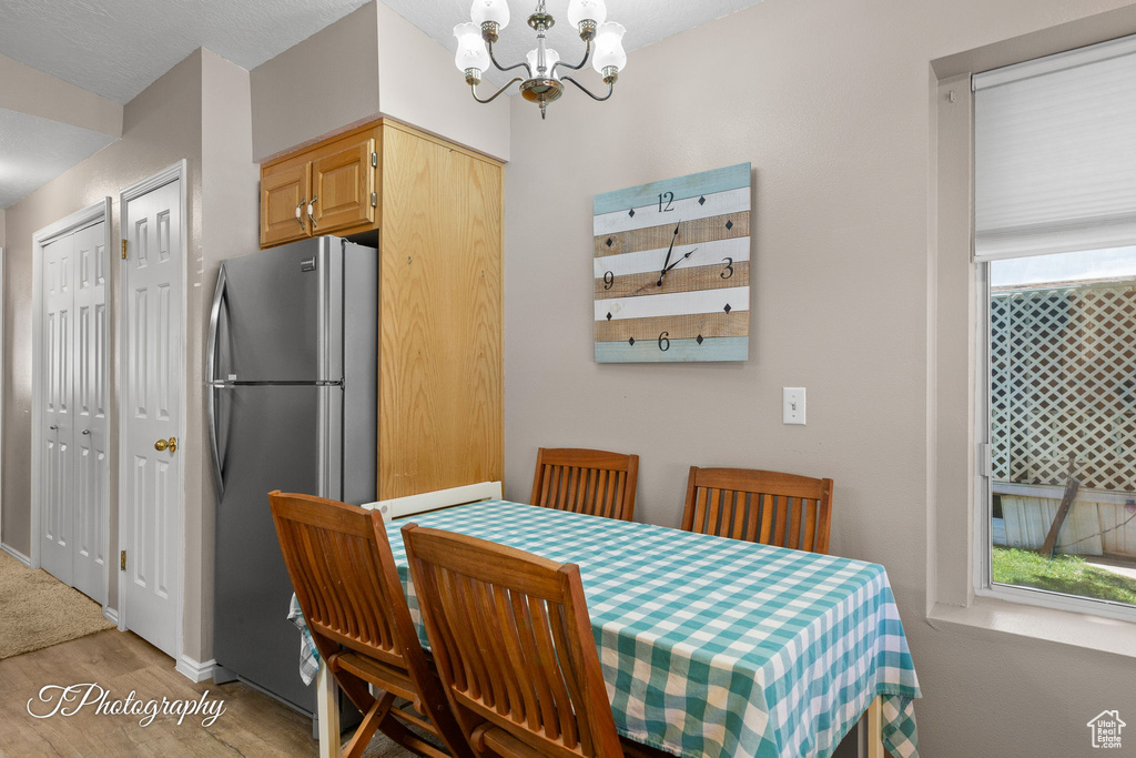 Dining space with light wood finished floors, a chandelier, healthy amount of natural light, and baseboards
