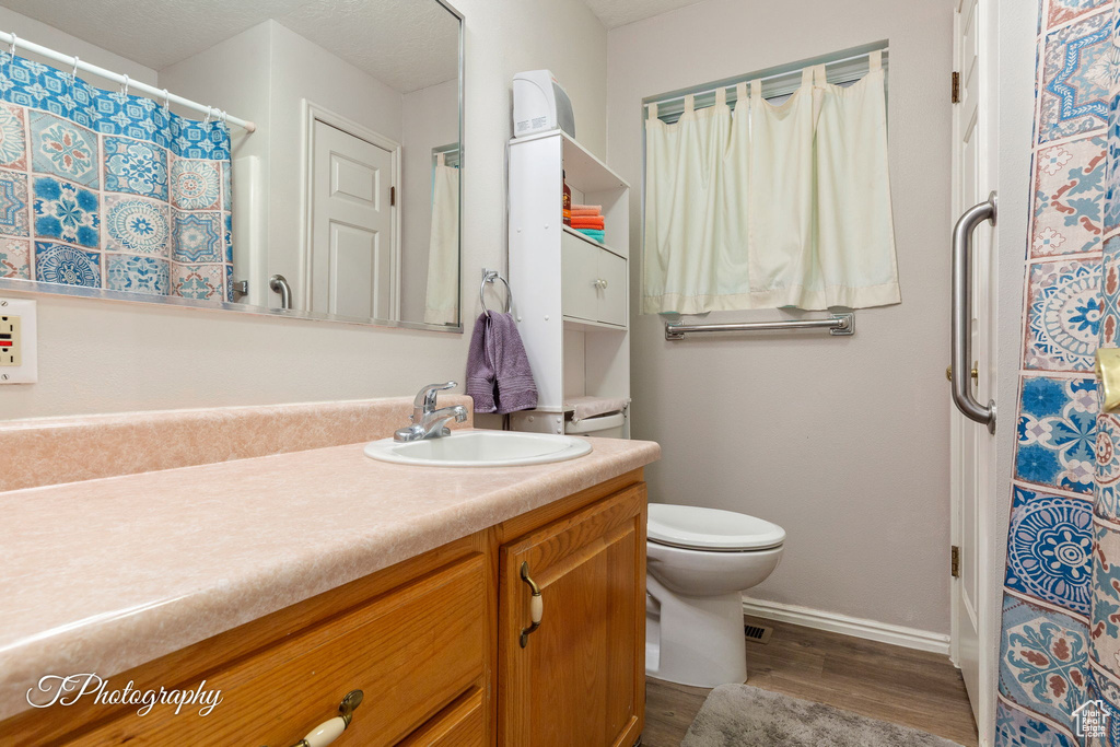 Bathroom featuring wood finished floors, vanity, toilet, baseboards, and a shower with curtain