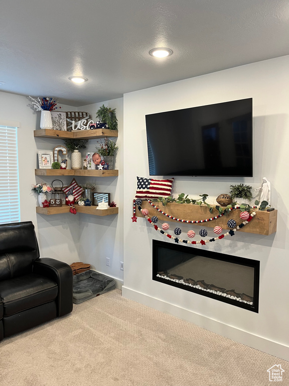 Carpeted living area with recessed lighting and baseboards
