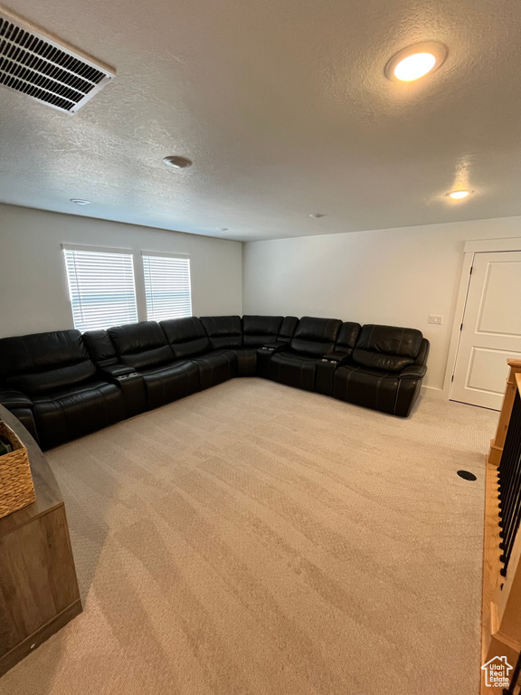 Living room with carpet, a textured ceiling, and recessed lighting