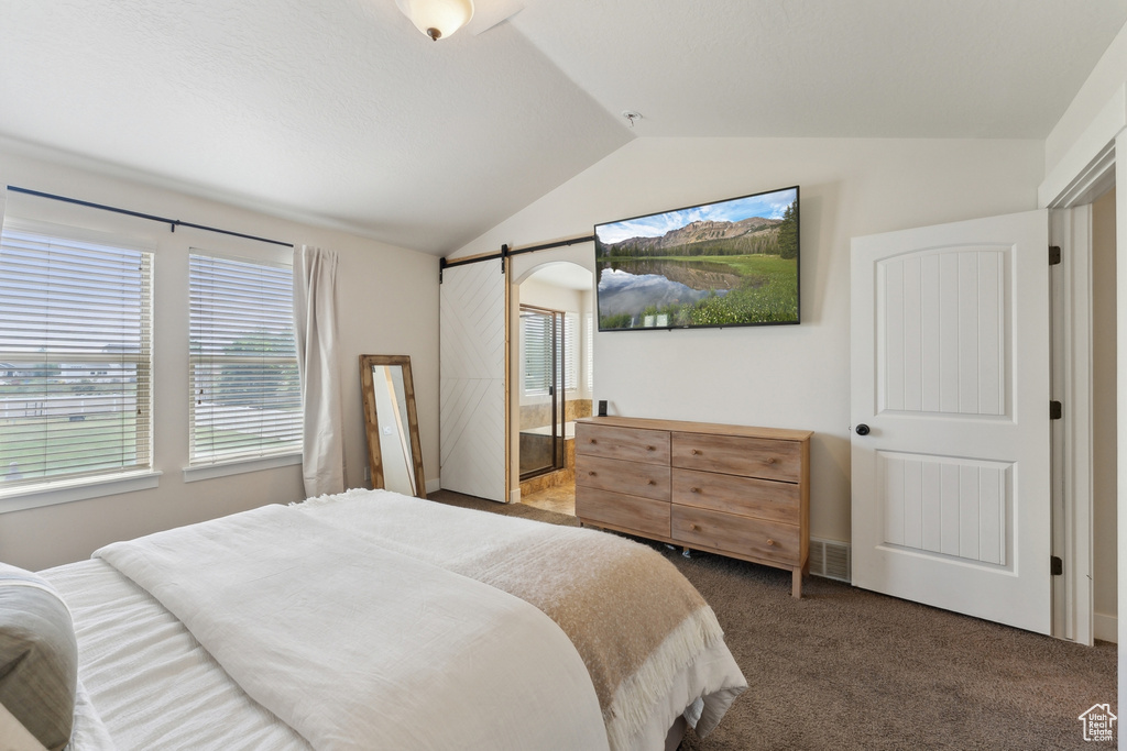 Carpeted bedroom with a barn door and vaulted ceiling