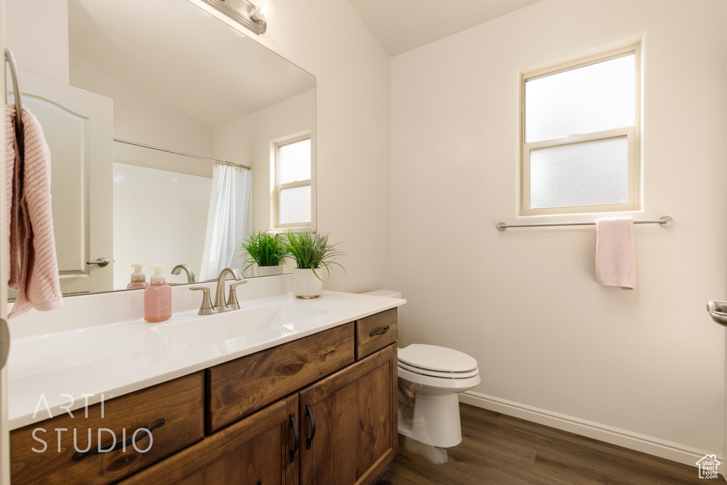 Bathroom with toilet, vanity, wood finished floors, baseboards, and a shower with shower curtain