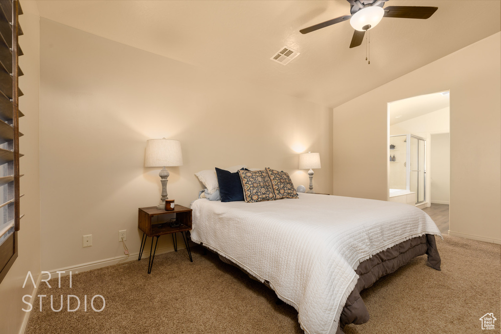 Bedroom featuring carpet floors, baseboards, ceiling fan, and lofted ceiling