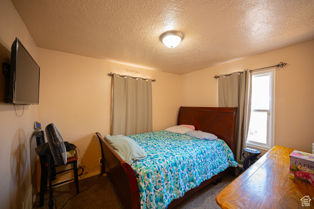 Bedroom featuring carpet floors and a textured ceiling