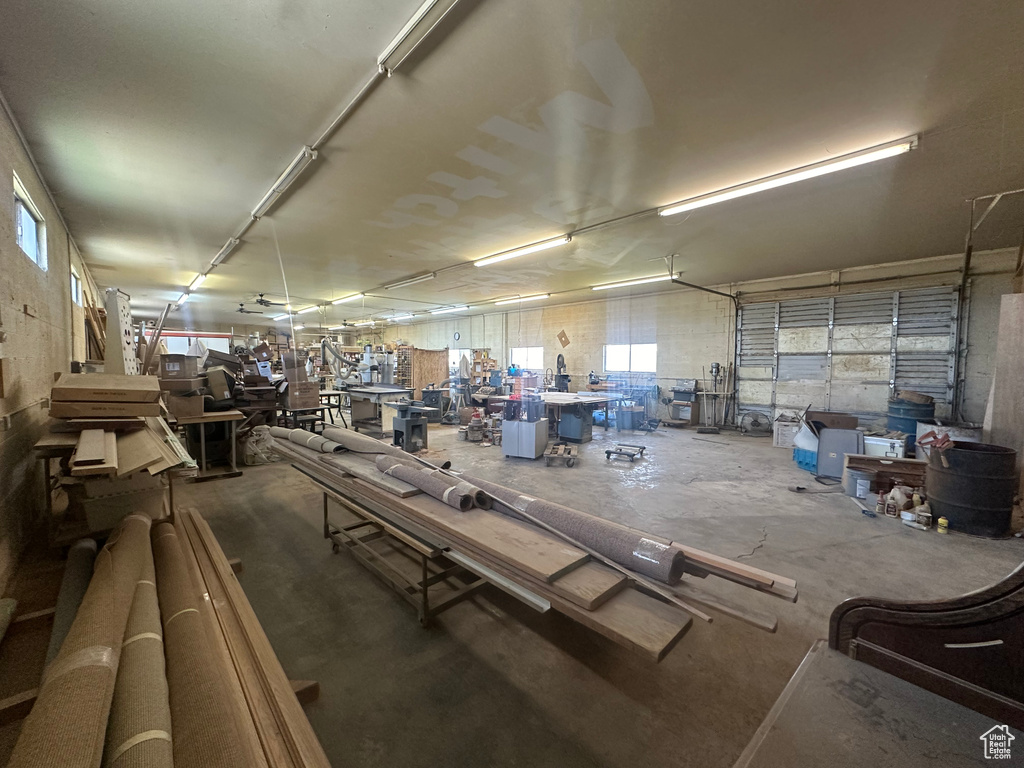 Garage featuring a workshop area