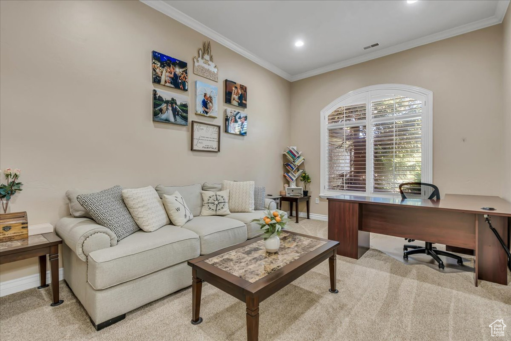 Office with light colored carpet, ornamental molding, baseboards, and recessed lighting