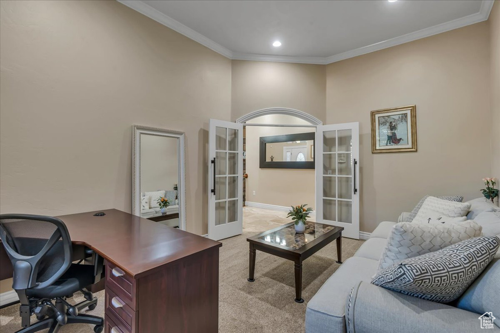 Office area featuring french doors, light colored carpet, ornamental molding, recessed lighting, and baseboards