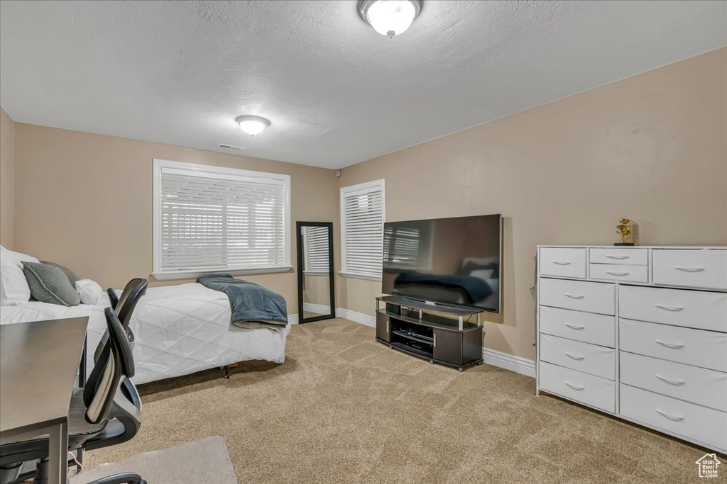 Bedroom featuring light carpet, baseboards, and a textured ceiling