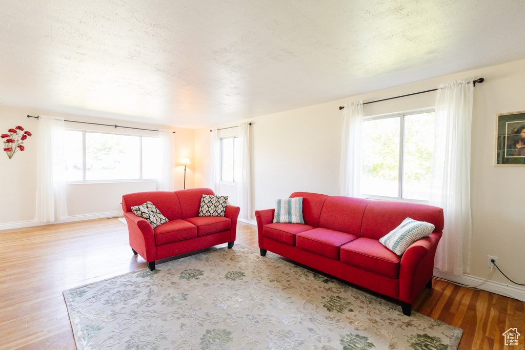 Living area with wood finished floors, baseboards, and a textured ceiling