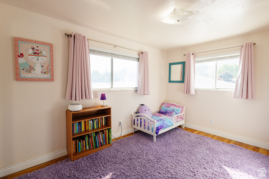 Bedroom with multiple windows, baseboards, wood finished floors, and a textured ceiling
