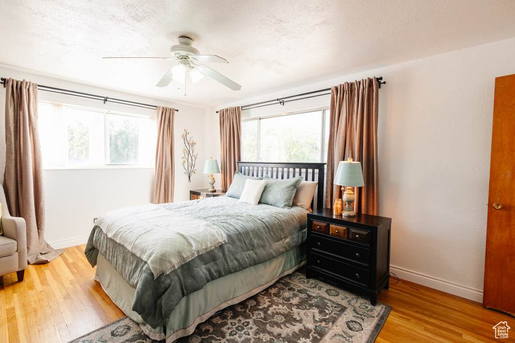 Bedroom with light wood finished floors, baseboards, multiple windows, and ceiling fan