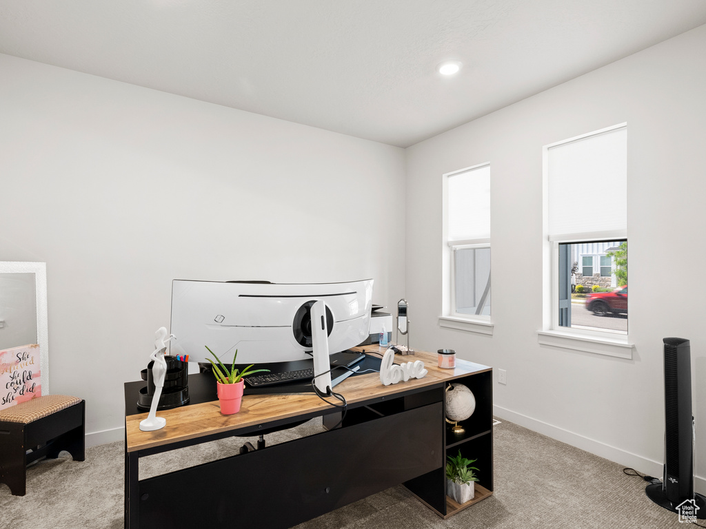 Office area with light carpet and baseboards