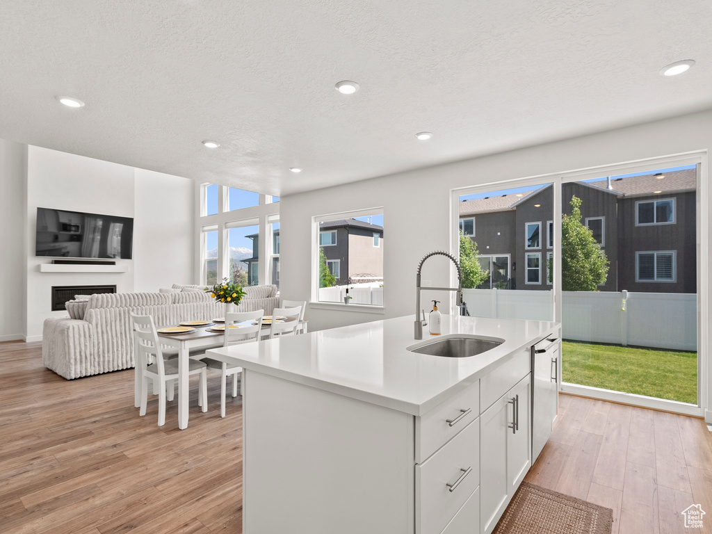 Kitchen featuring a sink, open floor plan, light wood-style flooring, light countertops, and white cabinetry