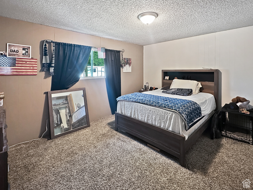 Carpeted bedroom with a textured ceiling