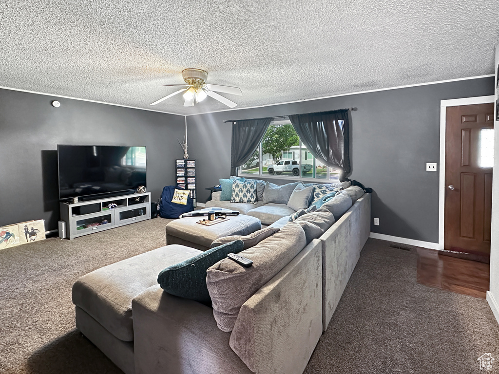 Carpeted living room with a textured ceiling and ceiling fan