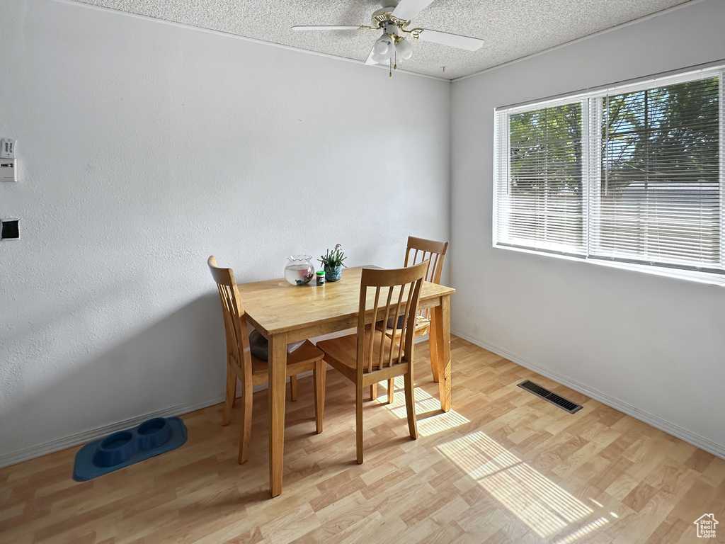 Dining space featuring light wood-style floors, a ceiling fan, a textured ceiling, and baseboards