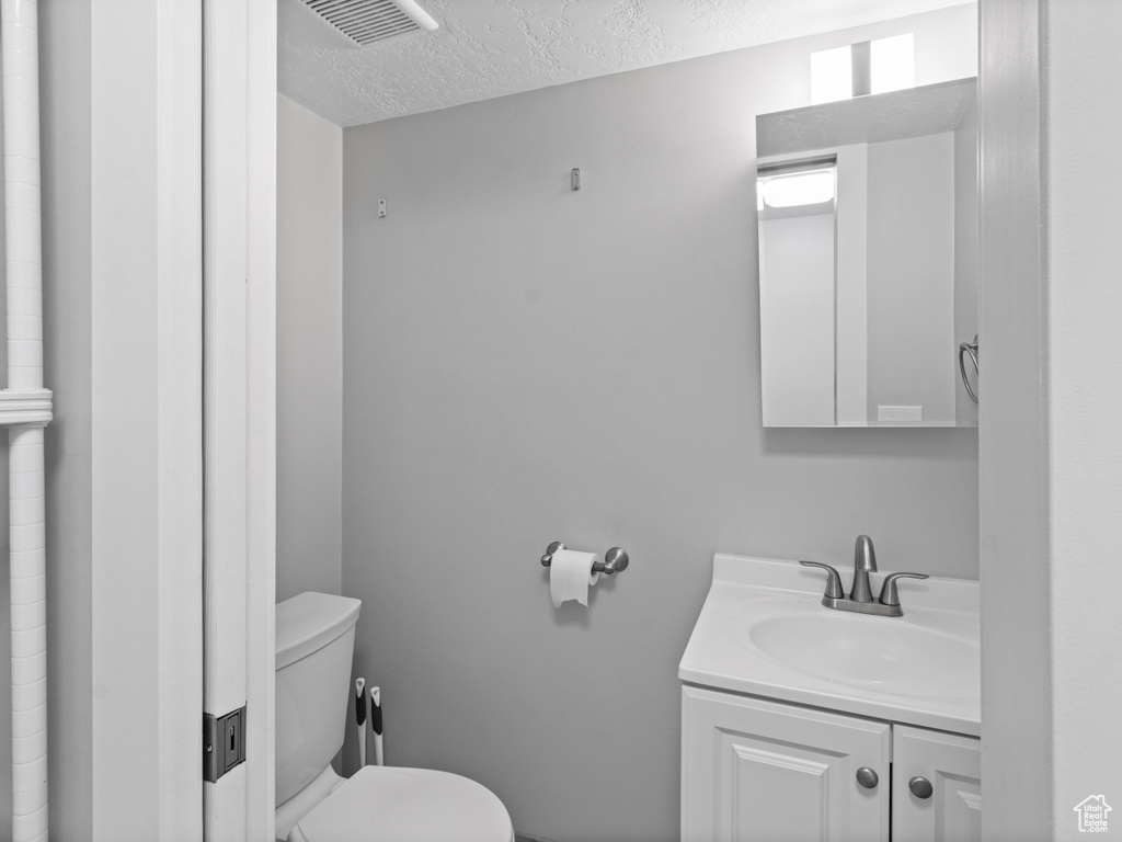 Bathroom featuring vanity, a textured ceiling, and toilet