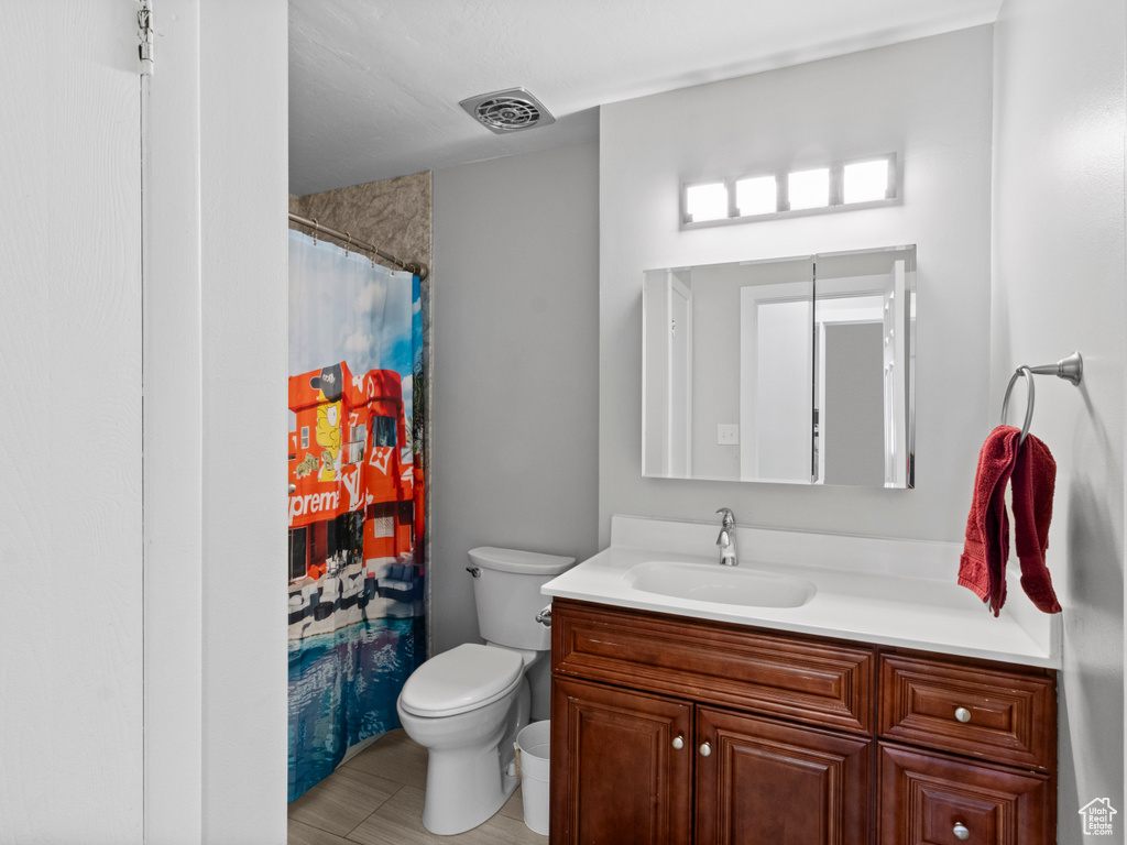 Full bathroom featuring toilet, vanity, and a shower with curtain