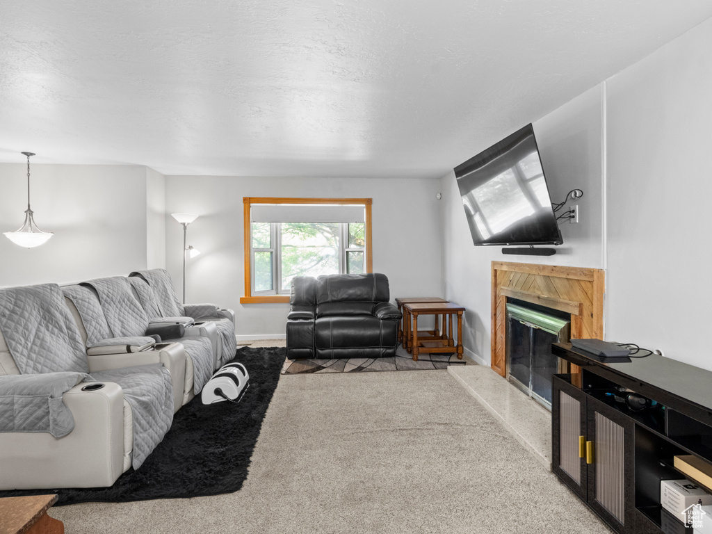 Carpeted living room featuring a premium fireplace and baseboards
