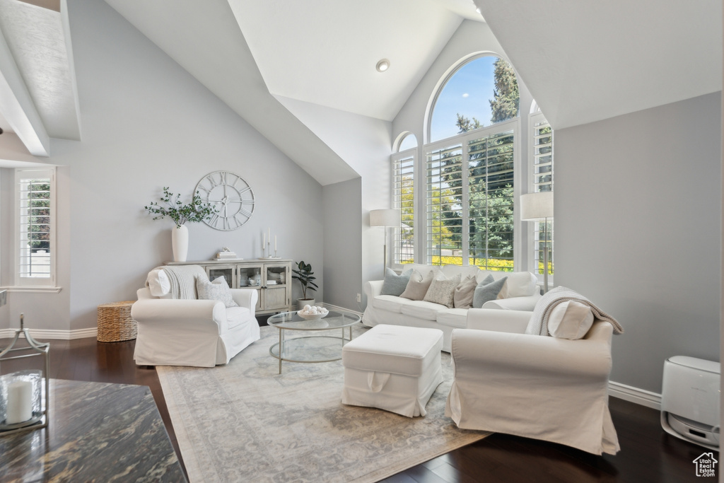 Living room with plenty of natural light, wood finished floors, high vaulted ceiling, and baseboards