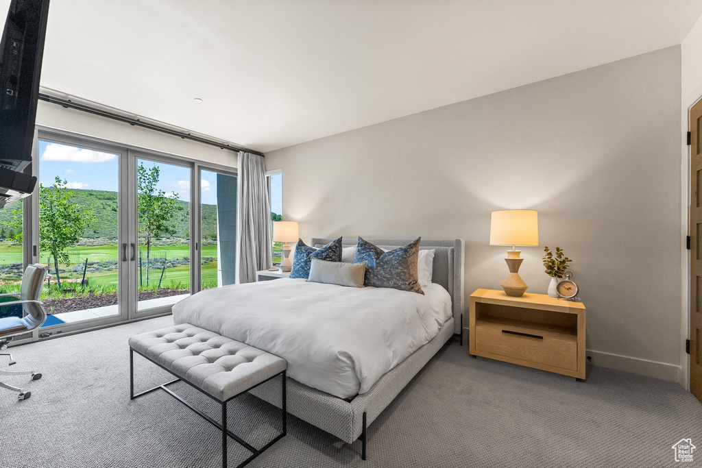 Bedroom featuring light colored carpet, access to exterior, and baseboards