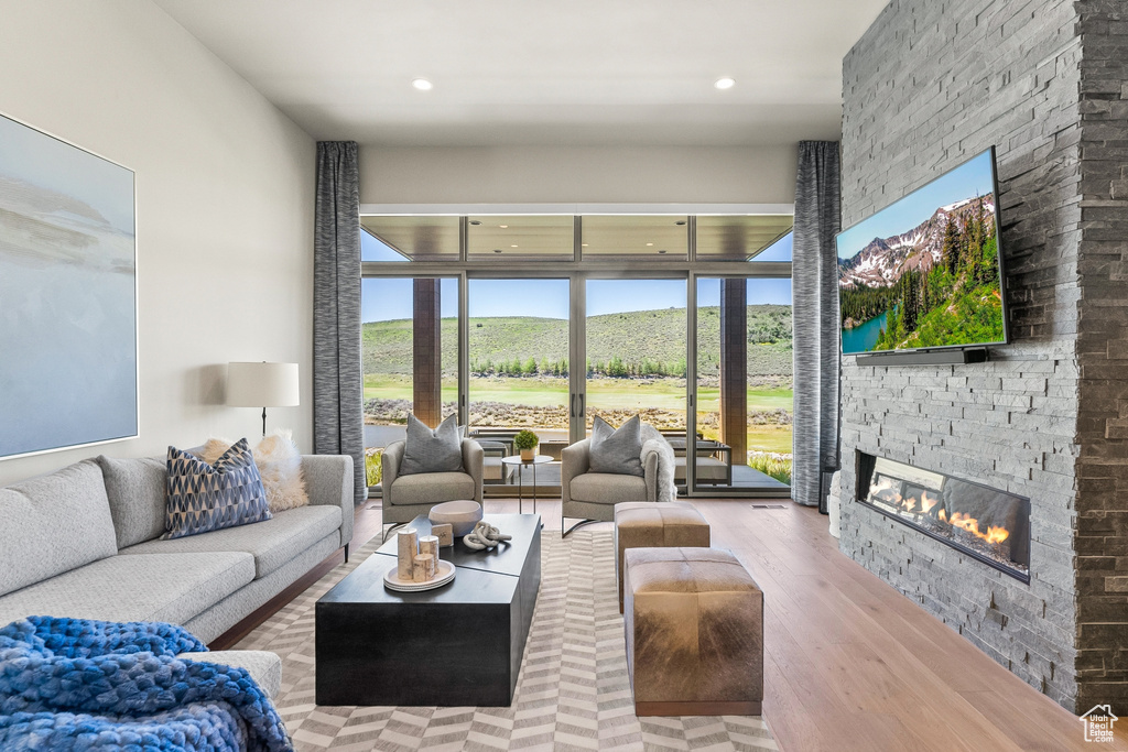 Living area featuring a fireplace, wood finished floors, and recessed lighting