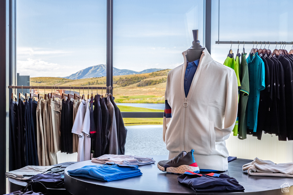 Interior space featuring a mountainous background