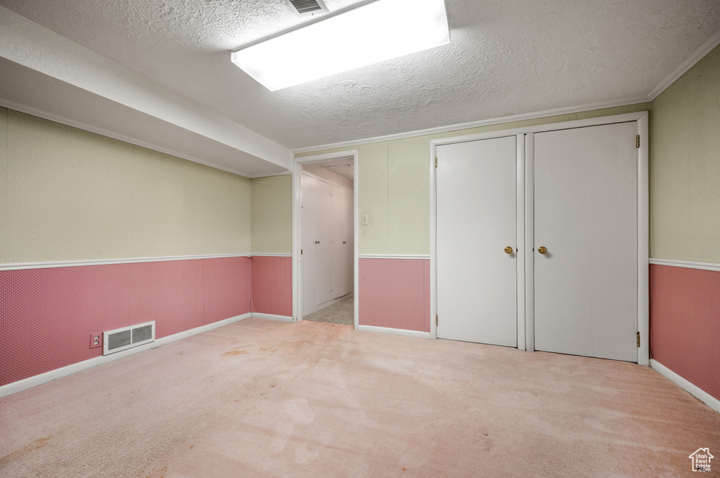 Additional living space featuring a textured ceiling, carpet flooring, and baseboards