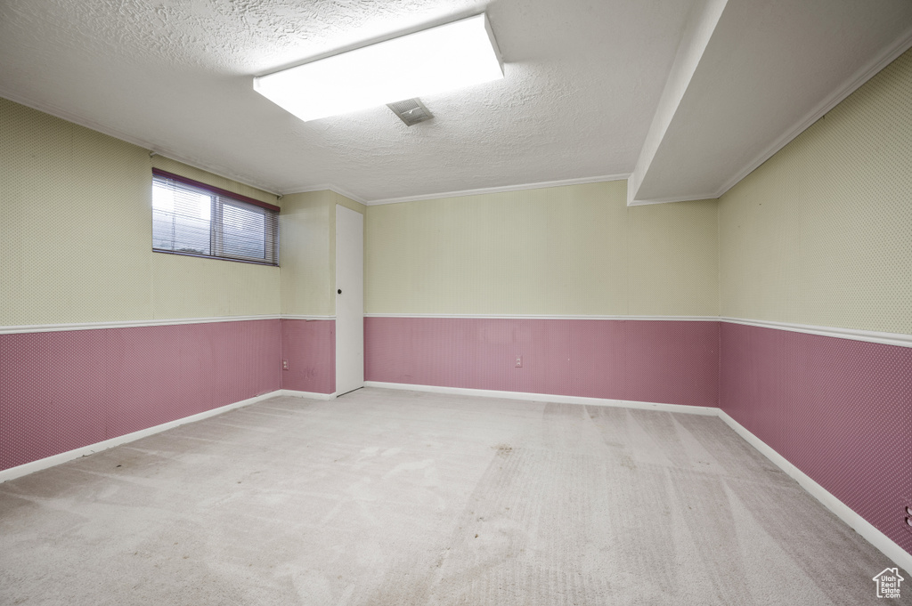 Below grade area featuring a textured ceiling and carpet