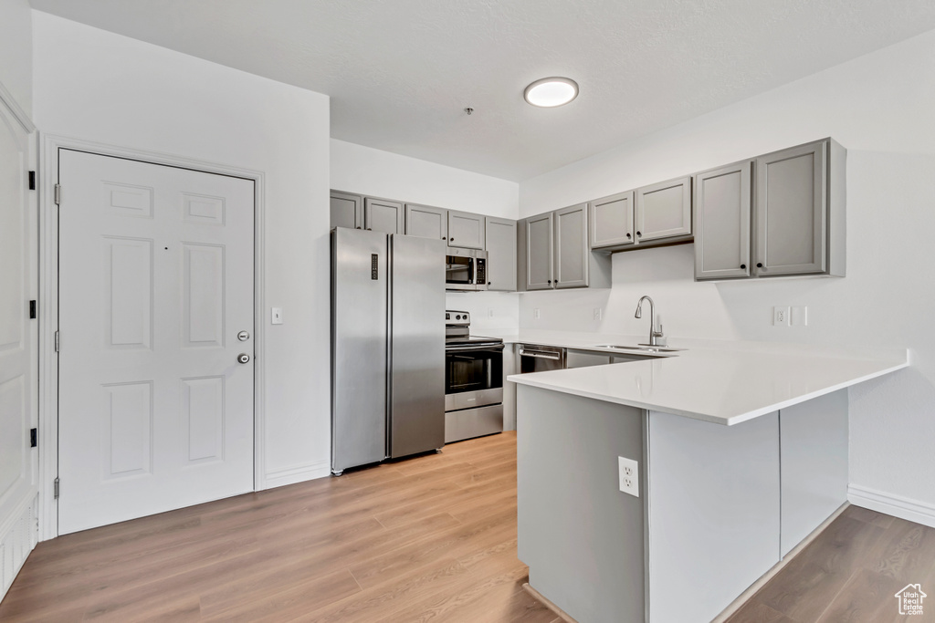 Kitchen with stainless steel appliances, gray cabinetry, a sink, a peninsula, and light wood-style flooring