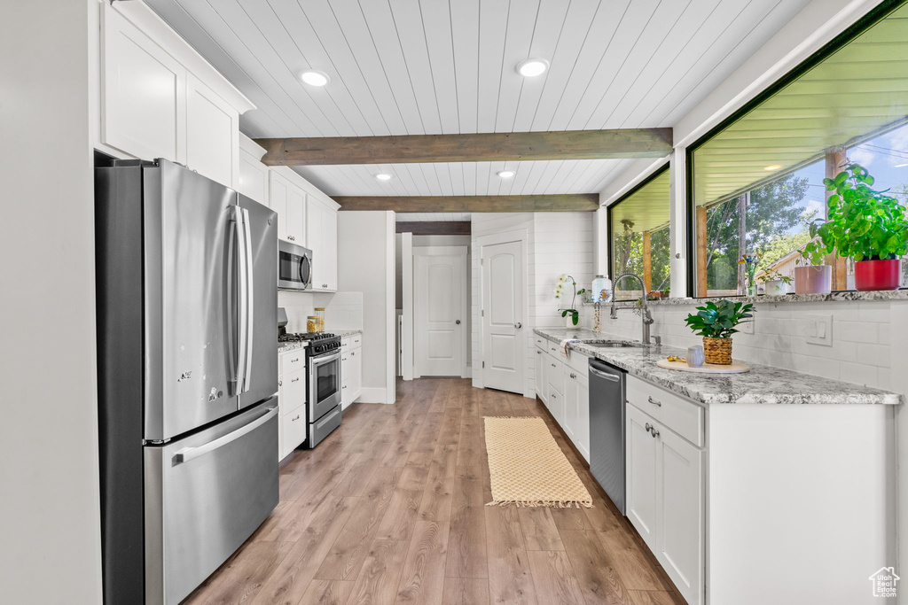 Kitchen featuring stainless steel appliances, white cabinets, backsplash, a sink, and recessed lighting