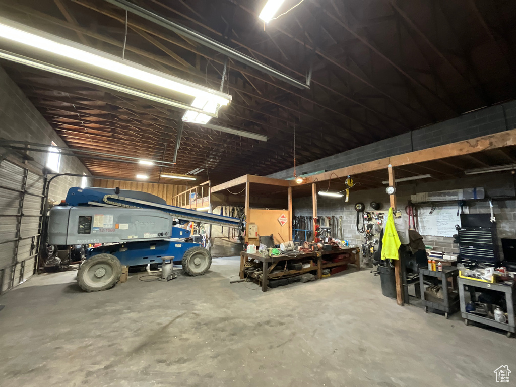 Garage featuring a workshop area