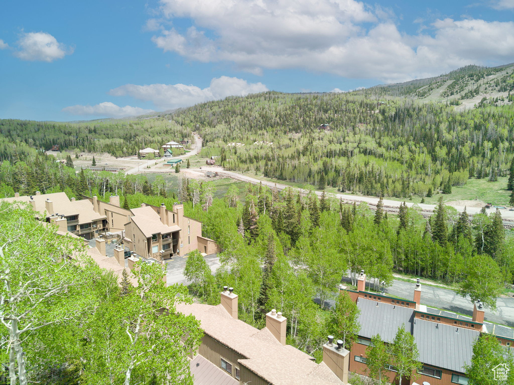 Aerial view of property and surrounding area with a forest