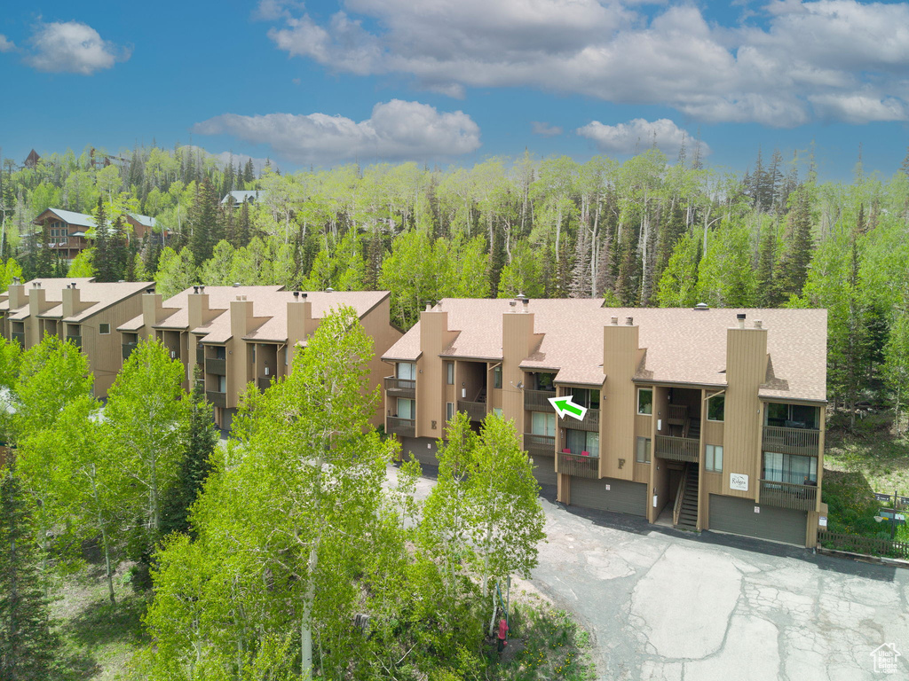Aerial view of residential area with a heavily wooded area