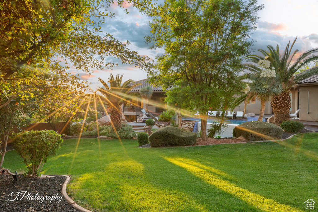 Yard at dusk with a lawn and an outdoor pool