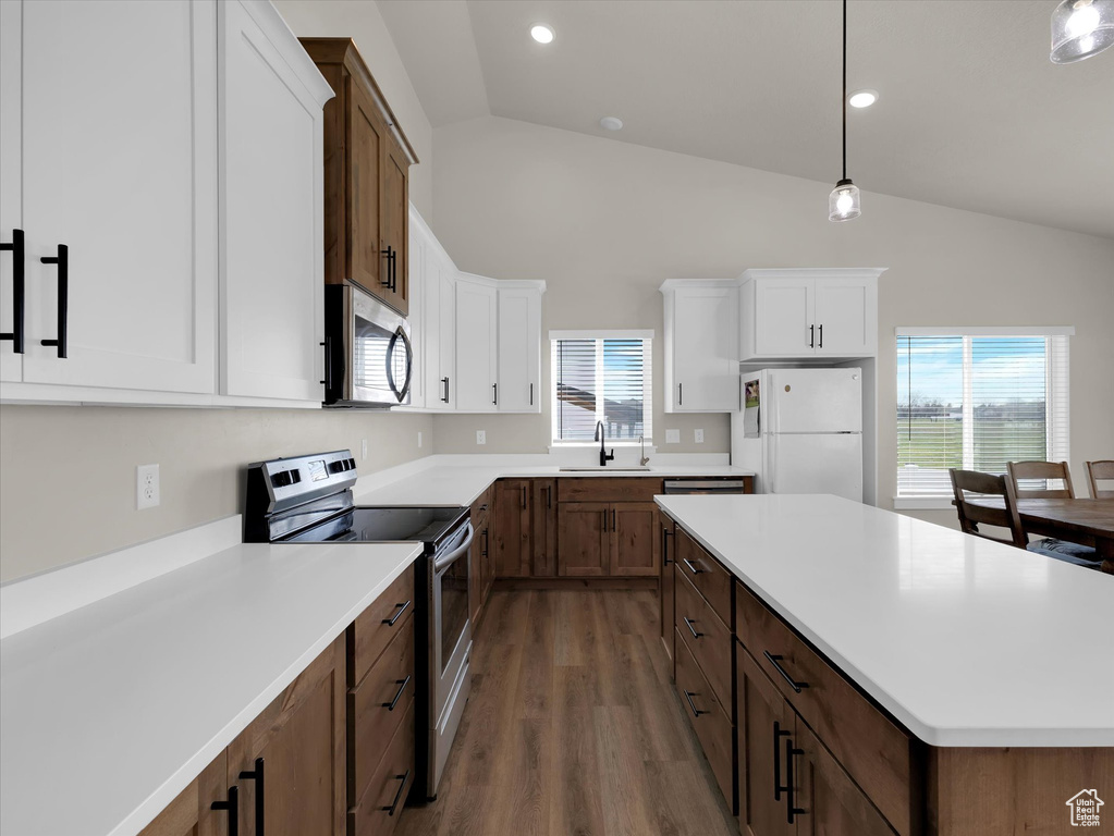 Kitchen featuring stainless steel appliances, vaulted ceiling, a sink, dark wood-style flooring, and healthy amount of natural light