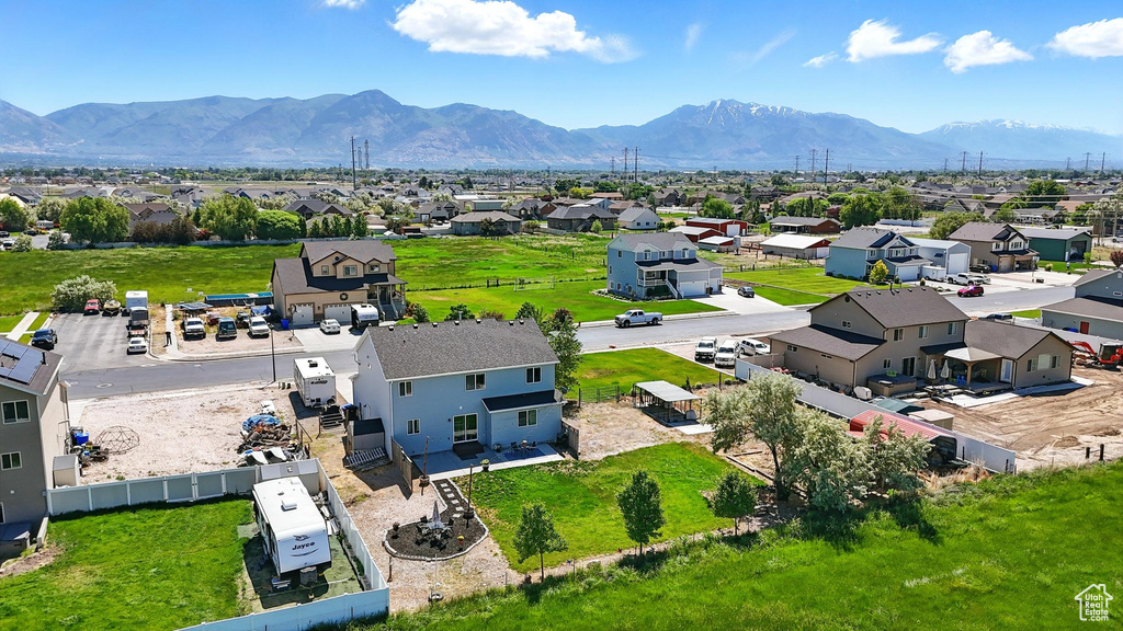 Aerial perspective of suburban area with mountains