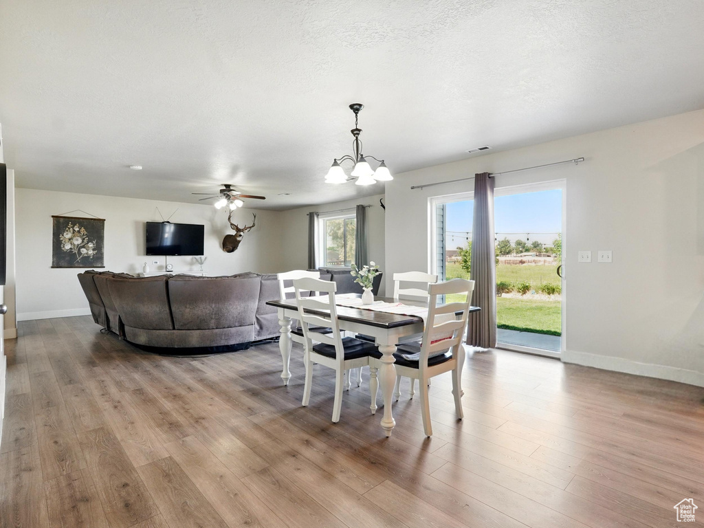 Dining space with wood finished floors, baseboards, a chandelier, and ceiling fan