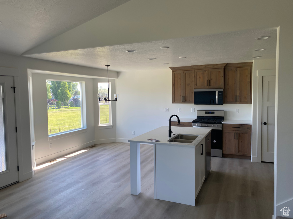 Kitchen with a sink, stainless steel appliances, light wood finished floors, a kitchen island with sink, and light countertops