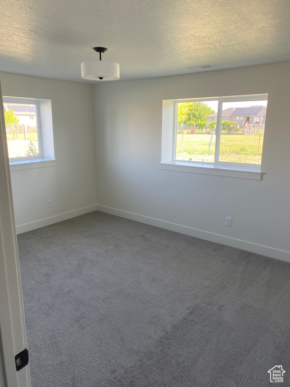 Carpeted spare room featuring a textured ceiling and baseboards